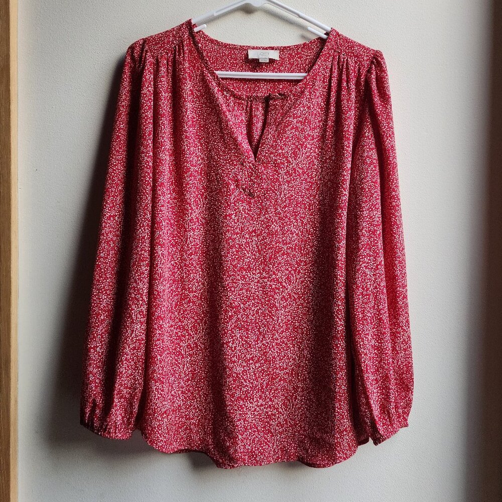 LOFT Red/White Floral Dotted V-Neck Poet Blouse Size Small